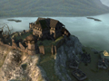 Az Old Manor madártávlatból (in-game grafika). A közelben láthatóak a parasztok dűledező viskói.